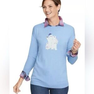 Talbots Periwinkle Blue Polar Bear Family Cotton Blend Sweater Top Womens XL